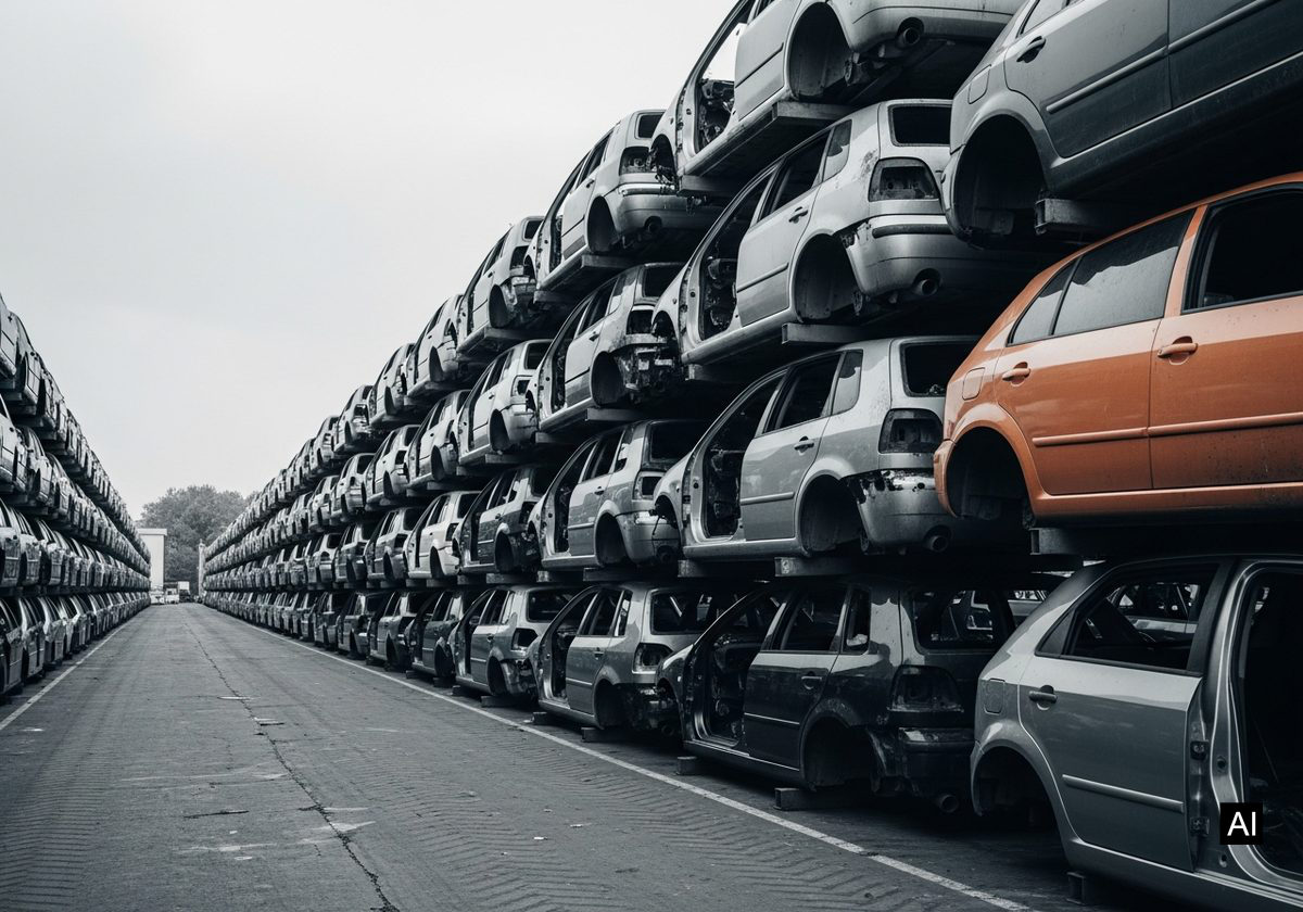 Gestapelte Altfahrzeuge auf einem Autorecycling-Platz